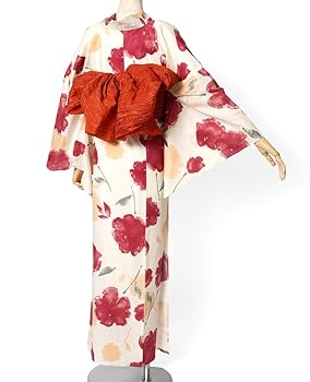 Amazon | [dear-japan]浴衣 LLサイズ 水彩画風 クリーム色 赤 花